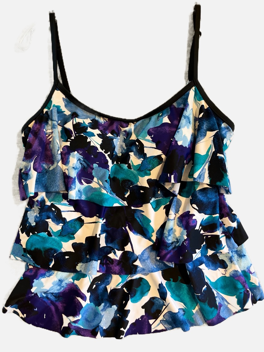 Maxine of Hollywood Teal, Blue & Purple Floral Ruffle Tankini Swimsuit Top 14